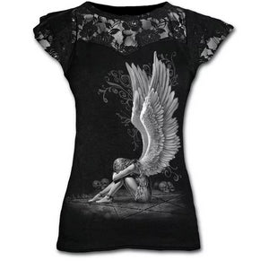 Plus Size Goth Graphic Lace T Shirts for Women Gothic Clothing Black Grunge Punk Tees Ladies Y2k Short Sleeve Tops Summer Tshirt