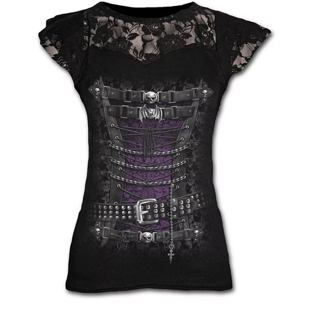 Plus Size Goth Graphic Lace T Shirts for Women Gothic Clothing Black Grunge Punk Tees Ladies Y2k Short Sleeve Tops Summer Tshirt