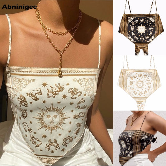 Crop Top Women Y2k Backless Printed Tube Top Sexy Spahetti Strap Back Bandage Summer Top Ladies Hem Asymmetric Camisole 2021