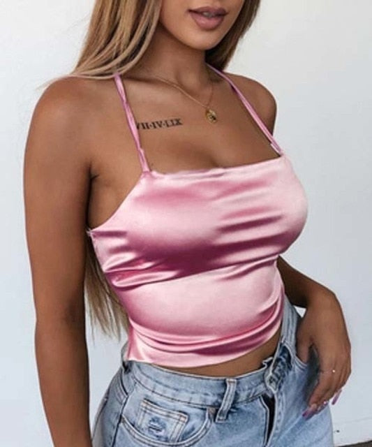 Crop Top Women Y2k Backless Printed Tube Top Sexy Spahetti Strap Back Bandage Summer Top Ladies Hem Asymmetric Camisole 2021