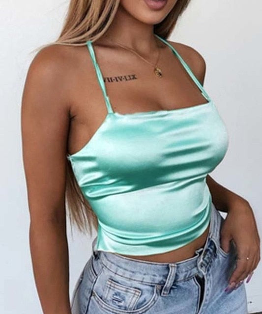 Crop Top Women Y2k Backless Printed Tube Top Sexy Spahetti Strap Back Bandage Summer Top Ladies Hem Asymmetric Camisole 2021