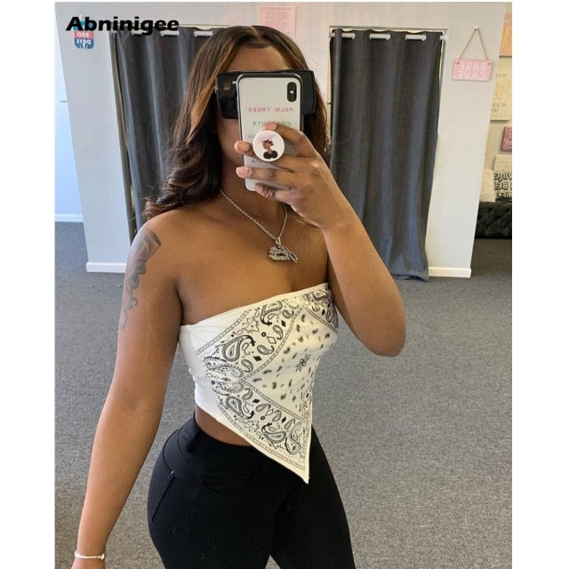 Crop Top Women Y2k Backless Printed Tube Top Sexy Spahetti Strap Back Bandage Summer Top Ladies Hem Asymmetric Camisole 2021