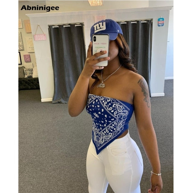 Crop Top Women Y2k Backless Printed Tube Top Sexy Spahetti Strap Back Bandage Summer Top Ladies Hem Asymmetric Camisole 2021