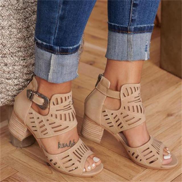 Hollow Out Sandals Mid Heel Summer Slip-on Buckle Ladies Shoes Artificial Open Toe Casual Wedding Pumps Women Sandalias