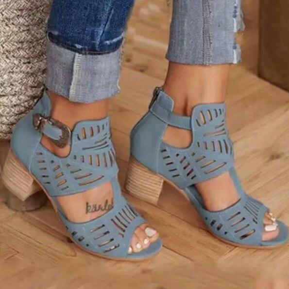 Hollow Out Sandals Mid Heel Summer Slip-on Buckle Ladies Shoes Artificial Open Toe Casual Wedding Pumps Women Sandalias