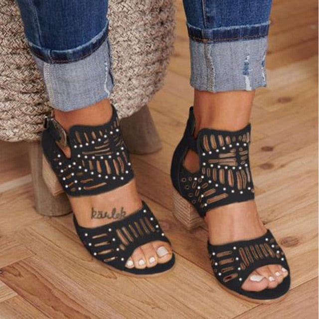 Hollow Out Sandals Mid Heel Summer Slip-on Buckle Ladies Shoes Artificial Open Toe Casual Wedding Pumps Women Sandalias