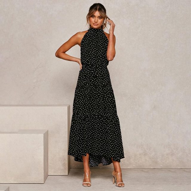 OUSLEE Casual Polka Dot Dress Women Summer Boho Style Printed Maxi Dresses Ladies Elegant Party Long Dress Halter Vestidos Mujer