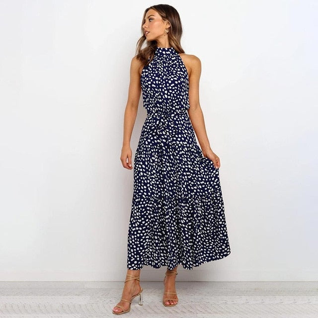 OUSLEE Casual Polka Dot Dress Women Summer Boho Style Printed Maxi Dresses Ladies Elegant Party Long Dress Halter Vestidos Mujer