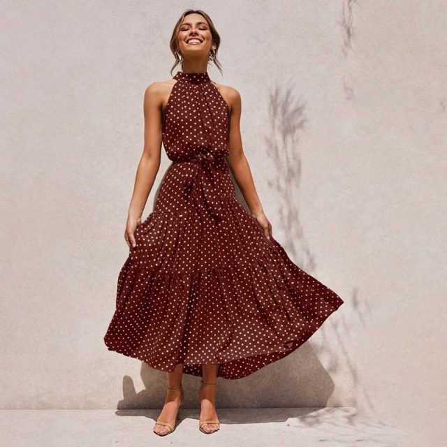 OUSLEE Casual Polka Dot Dress Women Summer Boho Style Printed Maxi Dresses Ladies Elegant Party Long Dress Halter Vestidos Mujer