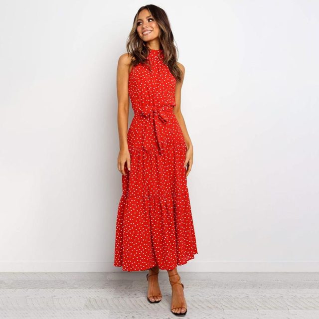 OUSLEE Casual Polka Dot Dress Women Summer Boho Style Printed Maxi Dresses Ladies Elegant Party Long Dress Halter Vestidos Mujer