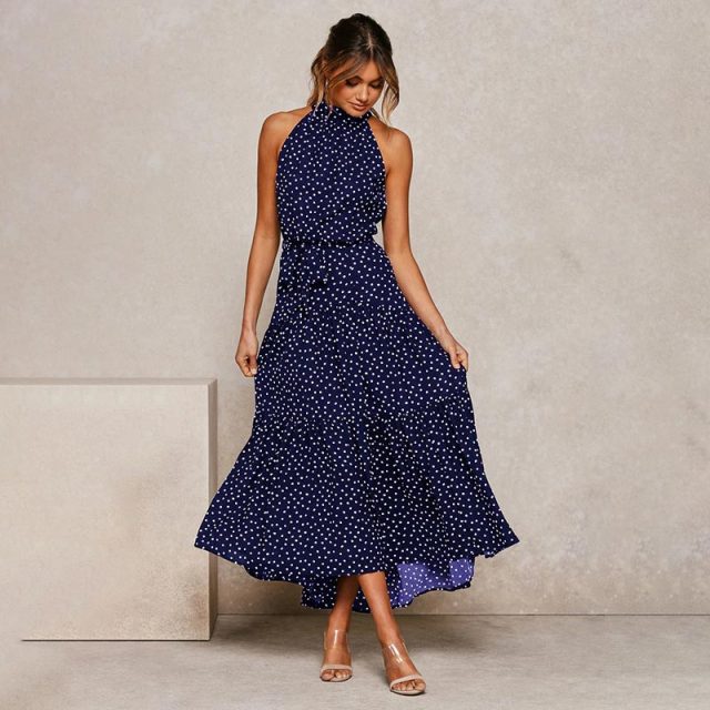 OUSLEE Casual Polka Dot Dress Women Summer Boho Style Printed Maxi Dresses Ladies Elegant Party Long Dress Halter Vestidos Mujer