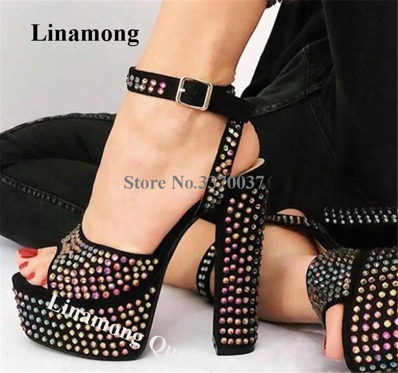 Linamong Bling Bling Open Toe High Platform Chunky Heel Rhinestone Sandals Black Red Silver Gold Crystal Thick High Heel Sandals