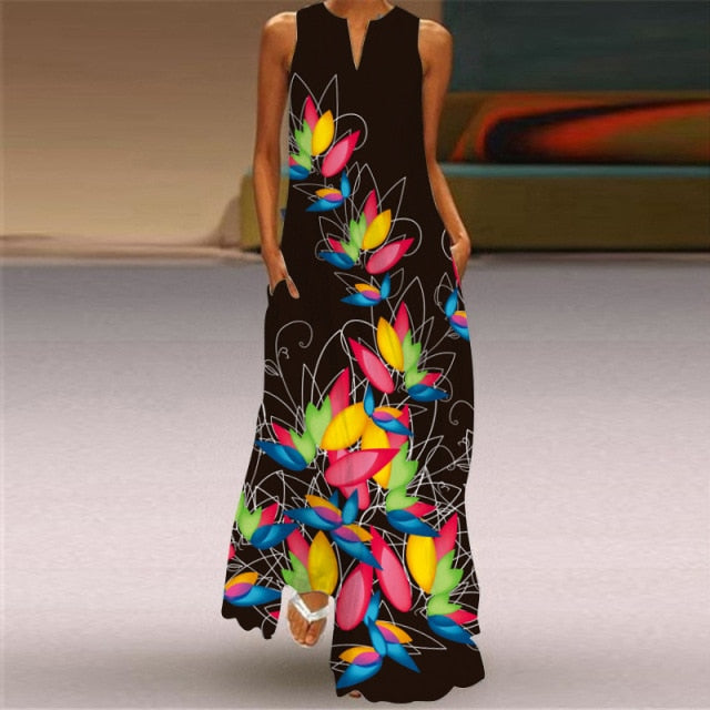 WAYOFLOVE Sleeveless Elegant Black Dress 2021 Casual Breathable Long Dresses Summer Beach Woman Girl Rose Print Maxi Dress Women