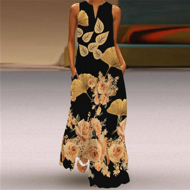 WAYOFLOVE Sleeveless Elegant Black Dress 2021 Casual Breathable Long Dresses Summer Beach Woman Girl Rose Print Maxi Dress Women