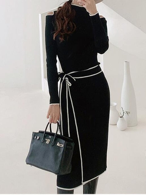 High-quality Shoulder Hollow Long Sleeve Black Knitted Dress White Striped Trim Sashes Bow Slim Split Mid-length Sweater Dress