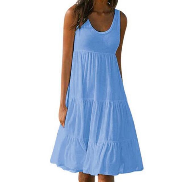 Plus Size Women Solid Color Sleeveless O Neck Stitching Pleated A-line Dress