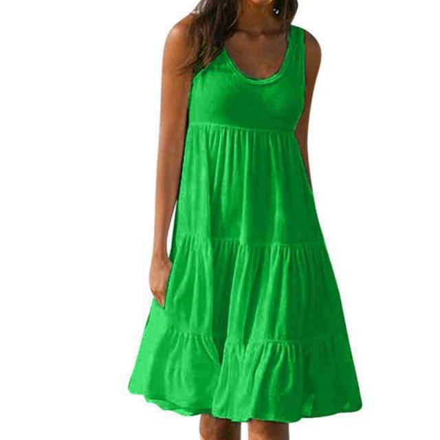 Plus Size Women Solid Color Sleeveless O Neck Stitching Pleated A-line Dress