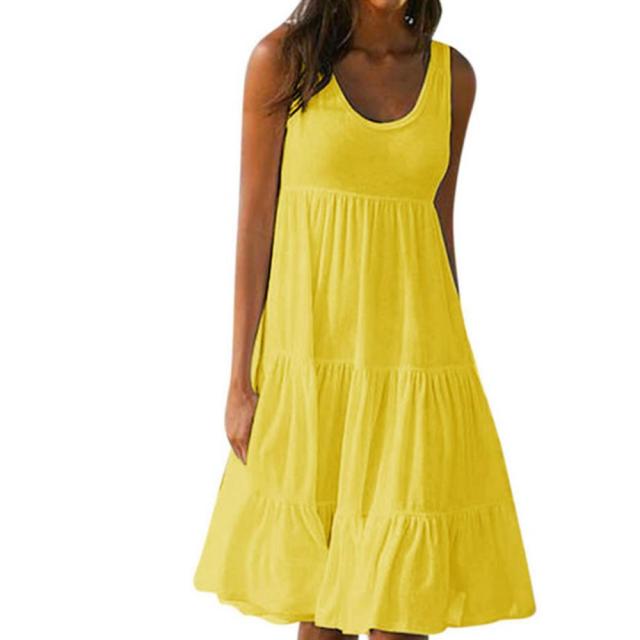 Plus Size Women Solid Color Sleeveless O Neck Stitching Pleated A-line Dress