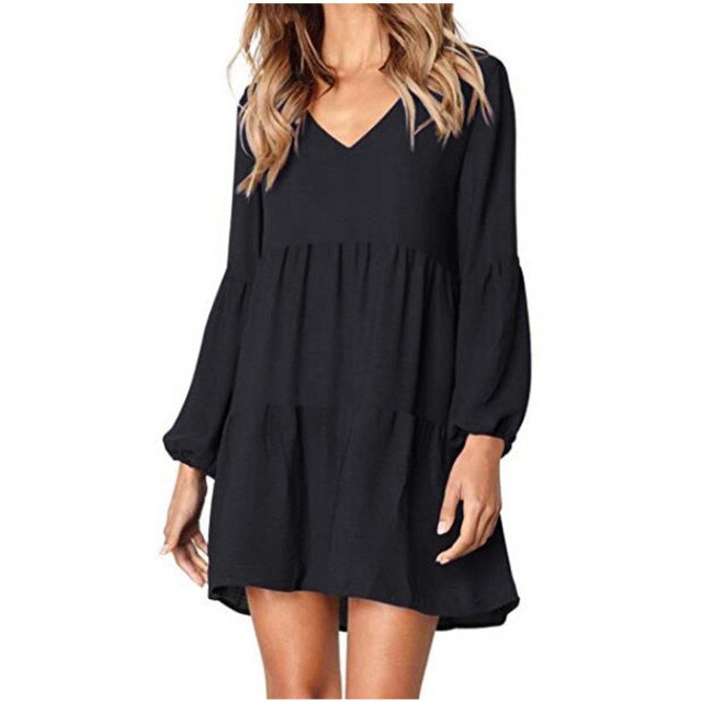 2021 Fashion Dress Women Solid V-Neck Lantern Long Sleeve Dress Flowy Swing Shift Loose New Dresses for Women vestido de mujer