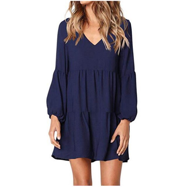 2021 Fashion Dress Women Solid V-Neck Lantern Long Sleeve Dress Flowy Swing Shift Loose New Dresses for Women vestido de mujer