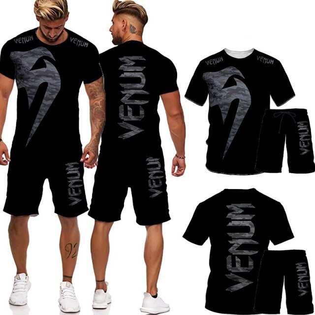 Men's Gym Training Fighter Sportwear Tracksuit Set 2 Pcs Cool 3D Cobra Kai Print Mixed Martial Arts T-Shirts+Shorts Sport Suit