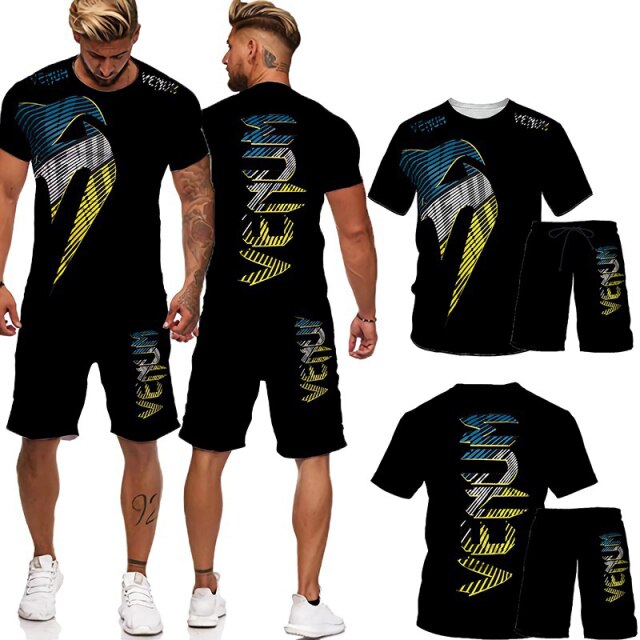 Men's Gym Training Fighter Sportwear Tracksuit Set 2 Pcs Cool 3D Cobra Kai Print Mixed Martial Arts T-Shirts+Shorts Sport Suit