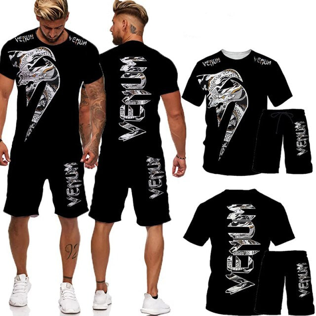 Men's Gym Training Fighter Sportwear Tracksuit Set 2 Pcs Cool 3D Cobra Kai Print Mixed Martial Arts T-Shirts+Shorts Sport Suit