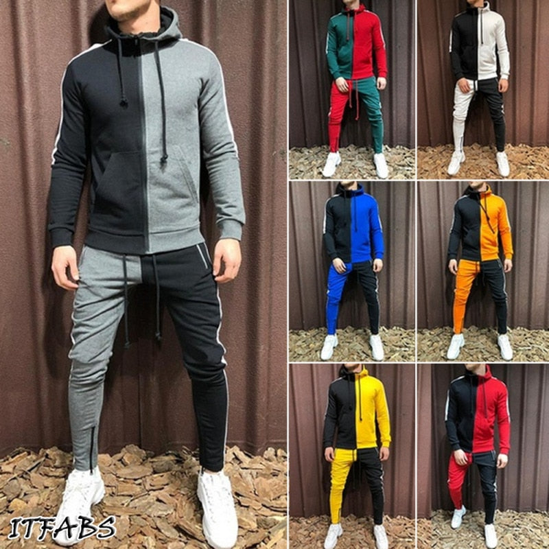 Men Sets Adults Jogger Sets Sportswear Hoodie Gym Zip Drawstring Pocket Striped Splicing Slim Fit Racksuit Set chandal hombre