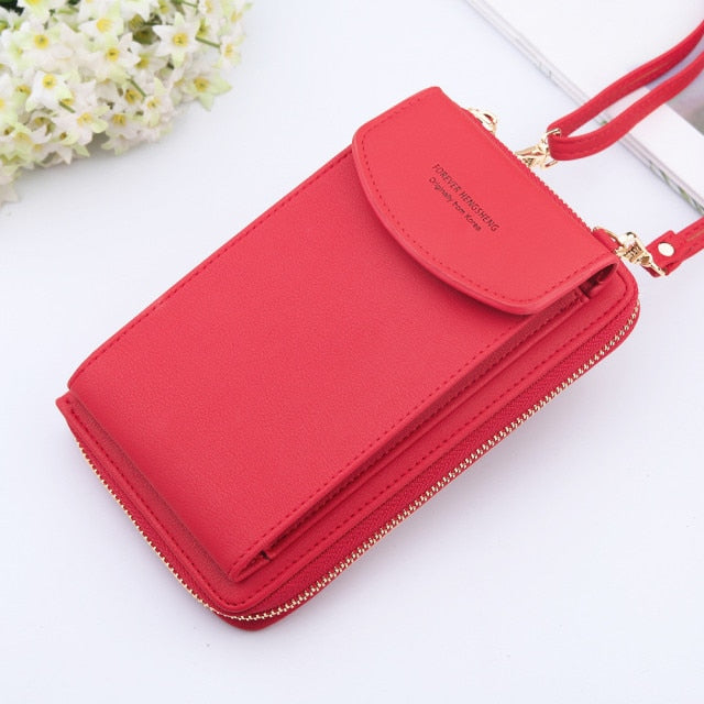 New Women Purses Solid Color Leather Summer Bag Shoulder Strap Mobile Phone Bag Card Holders Wallet Handbag Pockets for Girls