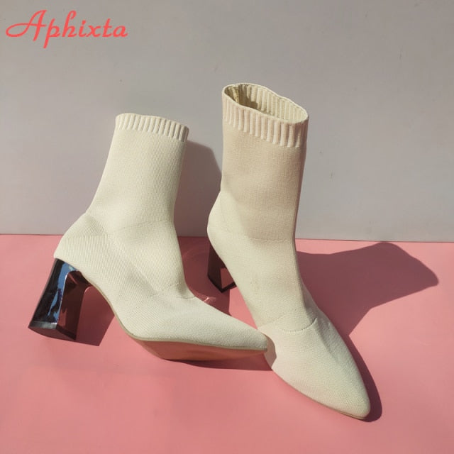 Aphixta Metal Blade Heels Socks Boots Women Stretch Fabric Elastic Stilettos Heel Pointed Toe Ankle Boots Shoes Woman Boats