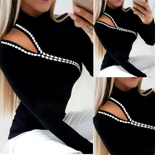 Womens Loose Sweatshirt Long Sleeve Hollow Out Patchwork Fashion Sexy Tee Jumper Shirt Ladies Plain Tops