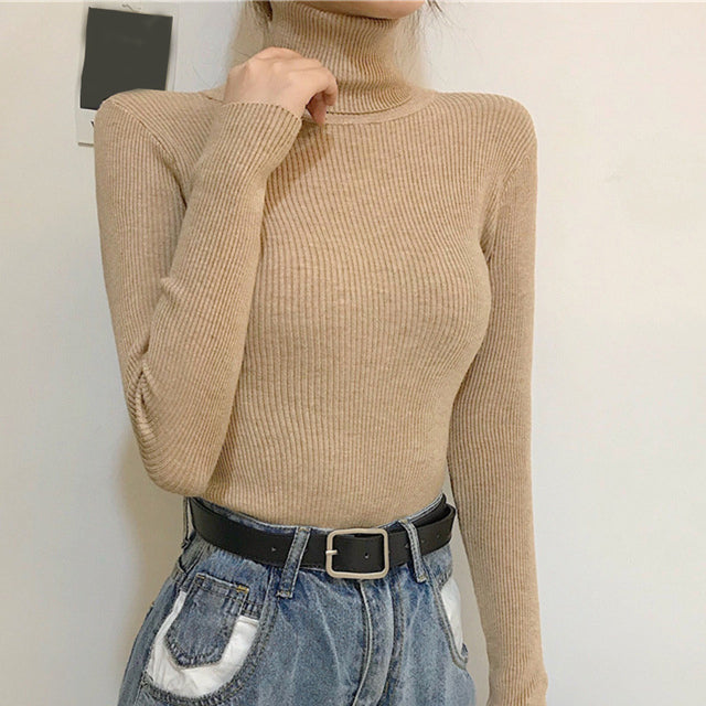 Causal Turtleneck Knitted Women Sweater Ladies Autumn Winter Fashion Korean Long Sleeve Pullover Sweater Warm Soft Tops