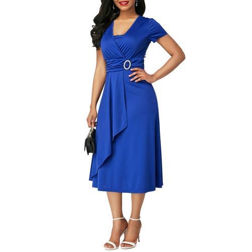 Plus Size Elegant Women Solid Color Short Sleeve V Neck Asymmetric Hem Waist Tight Midi Party Dress Ladies Evening Vestidos