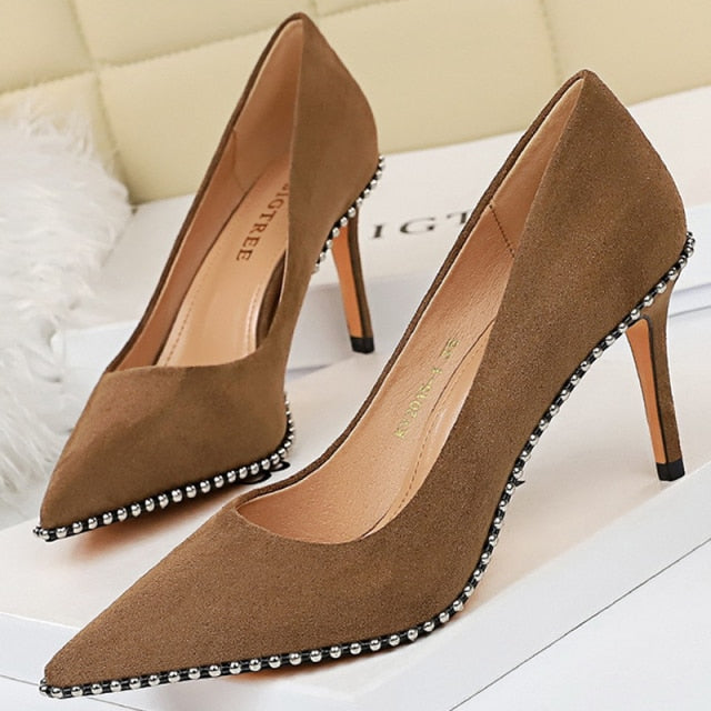 BIGTREE Shoes Rivet Woman Pumps 2021 New High Heels Stiletto Pu Leather Women Heels Sexy Party Shoes Female Heel Plus Size 43