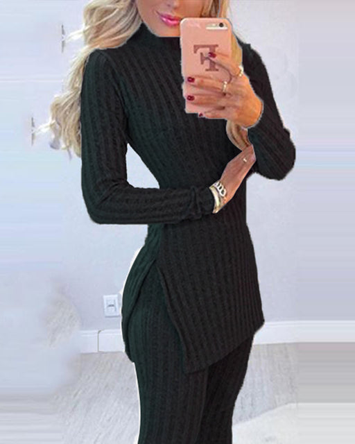 2021 Fall Winter Knitted 2 Piece Suits Women Long Sleeve Ribbed Slit Long Top and High Waist Pencil Pants Set