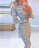 2021 Fall Winter Knitted 2 Piece Suits Women Long Sleeve Ribbed Slit Long Top and High Waist Pencil Pants Set