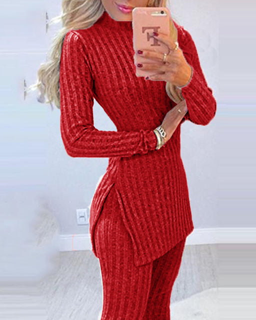 2021 Fall Winter Knitted 2 Piece Suits Women Long Sleeve Ribbed Slit Long Top and High Waist Pencil Pants Set