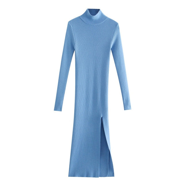 2021 Dress Women Long Sleeves High-Neck Elastic Midi Dress Fashion Elegant Chic Lady Knit Sweater Dresses Women robe femme