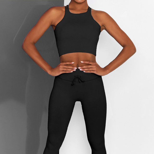 Sport Set Women Fitness Ribbed Yoga Set Gym Clothing Crop Top Leggings Women Tracksuit Workout Clothes For Women Suit Sportswear