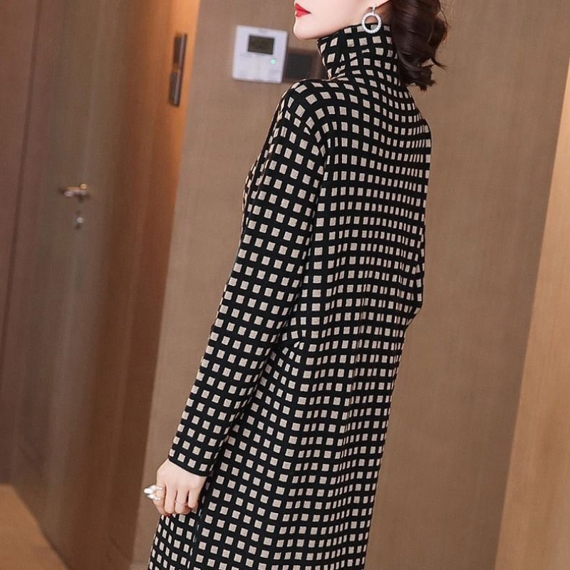 Women&#39;s Dress Autumn Winter Dresses Black and White Grid Turtleneck Sweater Dress Pullover Bottoming Dress External Wear Female