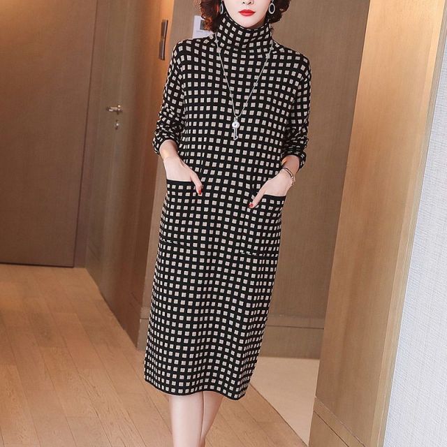 Women&#39;s Dress Autumn Winter Dresses Black and White Grid Turtleneck Sweater Dress Pullover Bottoming Dress External Wear Female