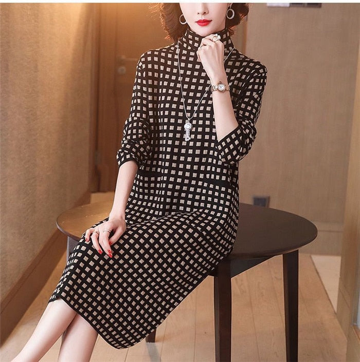 Women&#39;s Dress Autumn Winter Dresses Black and White Grid Turtleneck Sweater Dress Pullover Bottoming Dress External Wear Female