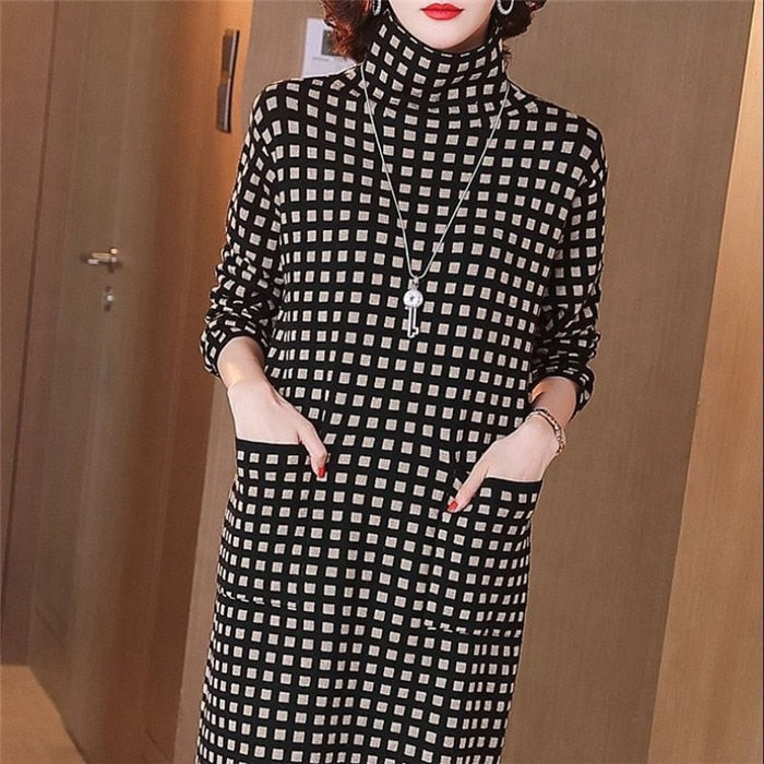 Women&#39;s Dress Autumn Winter Dresses Black and White Grid Turtleneck Sweater Dress Pullover Bottoming Dress External Wear Female