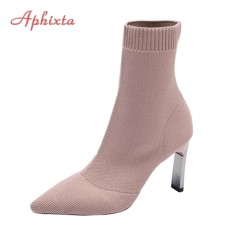 Aphixta Metal Blade Heels Socks Boots Women Stretch Fabric Elastic Stilettos Heel Pointed Toe Ankle Boots Shoes Woman Boats