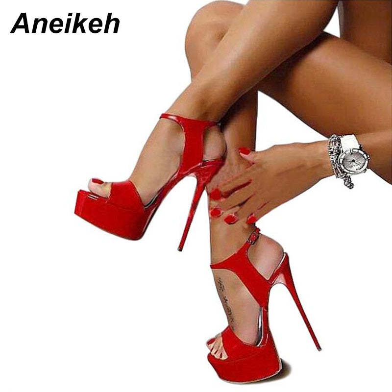 Aneikeh Hot Sales 2022 Summer Style Sexy 16cm Women Sandals High Heels Open Toe Buckles Nightclub Party Shoe Black Big Size 15