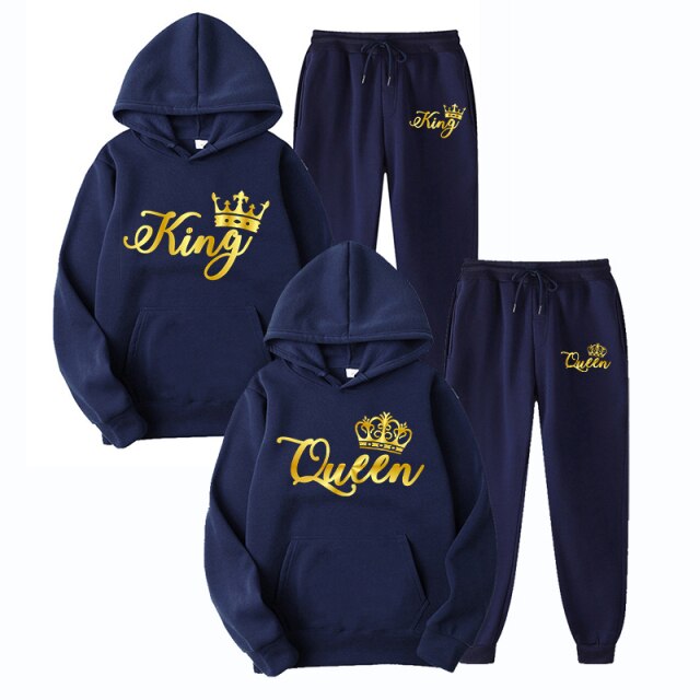 2021 Fashion Couple Sportwear Set KING or QUEEN Printed Hooded Suits 2PCS Set Couples Design Streetwear Hoodie and SweatPants