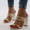 NEW Women Shoes RAINBOW SNAKE PRINT CLEAR JEWEL MULES Peep Toe High Heels Sandals Summer Party Dress Shoes Sandals Pumps