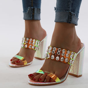 NEW Women Shoes RAINBOW SNAKE PRINT CLEAR JEWEL MULES Peep Toe High Heels Sandals Summer Party Dress Shoes Sandals Pumps