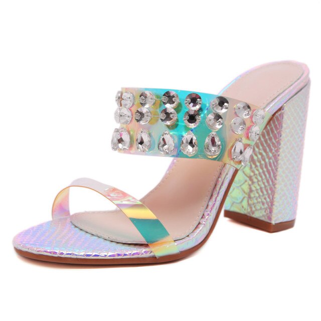 NEW Women Shoes RAINBOW SNAKE PRINT CLEAR JEWEL MULES Peep Toe High Heels Sandals Summer Party Dress Shoes Sandals Pumps