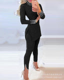 2021 Fall Winter Knitted 2 Piece Suits Women Long Sleeve Ribbed Slit Long Top and High Waist Pencil Pants Set